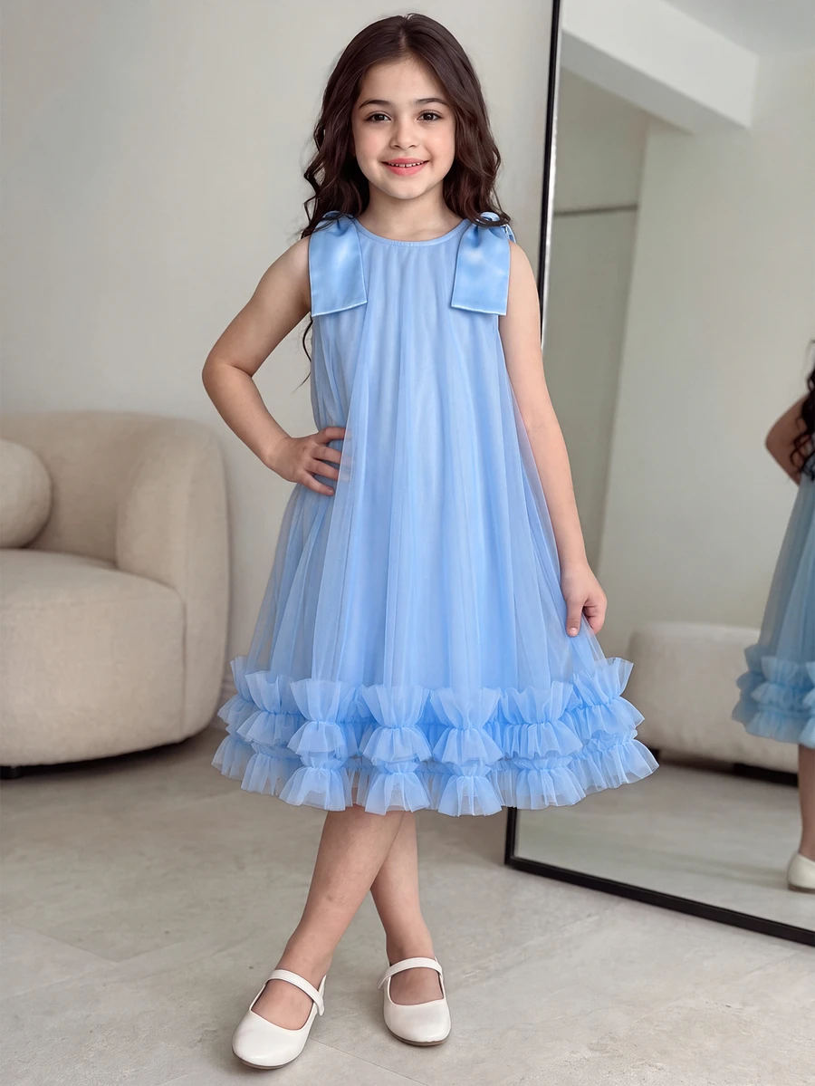 Elegant Cute Fashion Ruffled Pearl Decor Mesh Girls Dress Wedding Bridesmaid Party Birthday Flowergirl Light Blue Summer - Blue - View 1