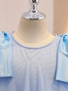 Elegant Cute Fashion Ruffled Pearl Decor Mesh Girls Dress Wedding Bridesmaid Party Birthday Flowergirl Light Blue Summer - Blue - View 8
