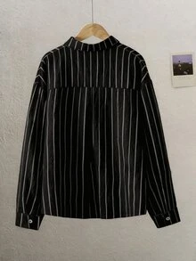 SHEIN Teen Girl Casual Daily Black Striped Knight Print Shirt , Halloween Autumn Fall Fashion - Pink - View 3