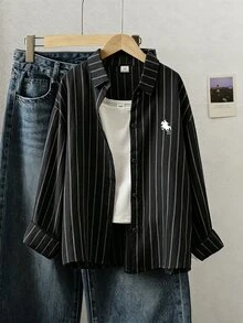 SHEIN Teen Girl Casual Daily Black Striped Knight Print Shirt , Halloween Autumn Fall Fashion - Pink - View 4