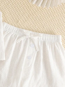 SHEIN LMoss Kids 少女休闲简约舒适无袖圆领系带蝴蝶结上衣和短裤两件套 - 白色 - 查看 4