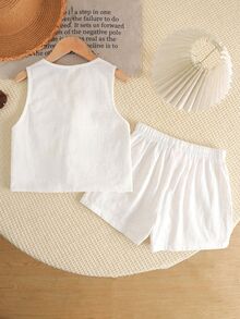 SHEIN LMoss Kids 少女休闲简约舒适无袖圆领系带蝴蝶结上衣和短裤两件套 - 白色 - 查看 2