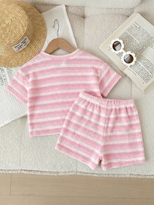 SHEIN 2件組女嬰針織條紋圓領T恤短褲套裝 - 淺粉色 - 查看 2