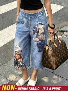 Rovax Women's Elastic Waist Denim Effect Bear Print Casual Capri Pants - Multicolor - View 3