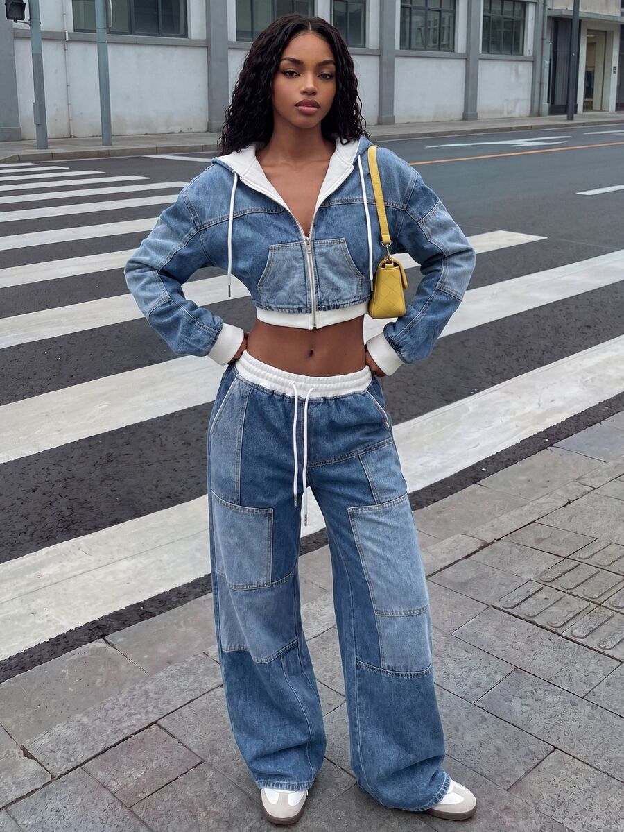 Rovax Women's Casual Denim Effect Cropped Hoodie Top And Pants Set - Multicolor - View 1