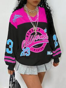 Rovax Plus Size Women Casual Colorblock Letter Print Sweatshirt Autumn Sports Formal Fuchsia Pink Pink - Hot Pink - View 3