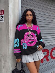 Rovax Plus Size Women Casual Colorblock Letter Print Sweatshirt Autumn Sports Formal Fuchsia Pink Pink - Hot Pink - View 1
