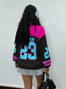 Rovax Plus Size Women Casual Colorblock Letter Print Sweatshirt Autumn Sports Formal Fuchsia Pink Pink - Hot Pink - View 2