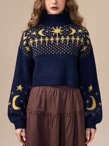 ROMWE Autumn/Winter Boho Witch Hippie Star & Moon Pattern Women's Sweater - Multicolor - View 2
