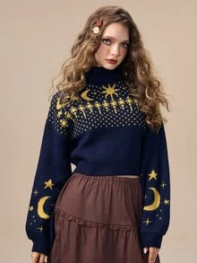 ROMWE Autumn/Winter Boho Witch Hippie Star & Moon Pattern Women's Sweater - Multicolor - View 8