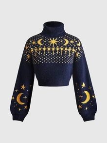 ROMWE Autumn/Winter Boho Witch Hippie Star & Moon Pattern Women's Sweater - Multicolor - View 1