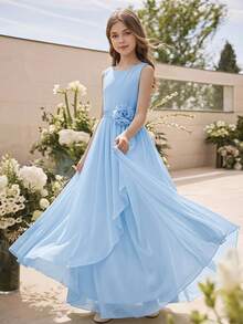 SHEIN 女童淺藍色雪紡洋裝 夏季兒童外穿 旅行拍照 少女服飾 秋冬派對伴娘禮服 優雅可愛 聖誕 - 藍色 - 查看 3