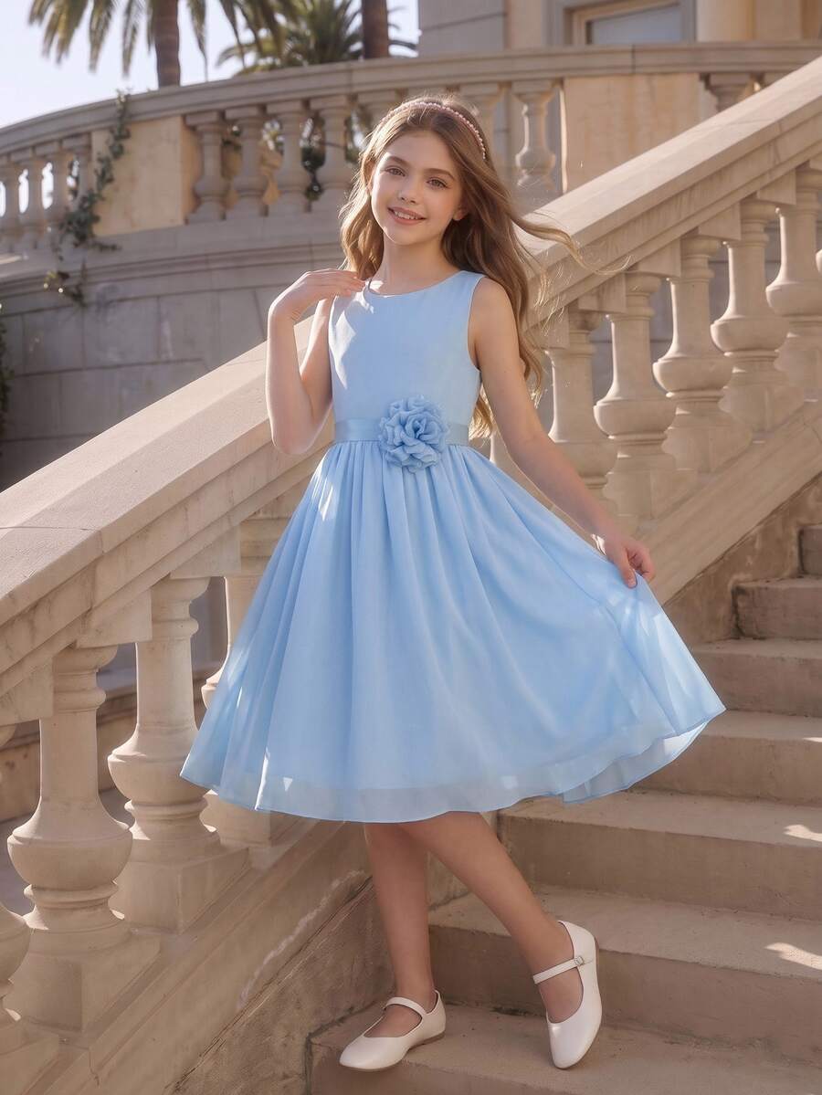 SHEIN 女童淺藍色雪紡洋裝 夏季兒童外穿 旅行拍照 少女服飾 秋冬派對伴娘禮服 優雅可愛 聖誕 - 藍色 - 查看 1