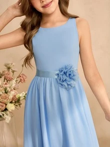 SHEIN 女童淺藍色雪紡洋裝 夏季兒童外穿 旅行拍照 少女服飾 秋冬派對伴娘禮服 優雅可愛 聖誕 - 藍色 - 查看 5