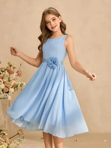 SHEIN 女童淺藍色雪紡洋裝 夏季兒童外穿 旅行拍照 少女服飾 秋冬派對伴娘禮服 優雅可愛 聖誕 - 藍色 - 查看 7