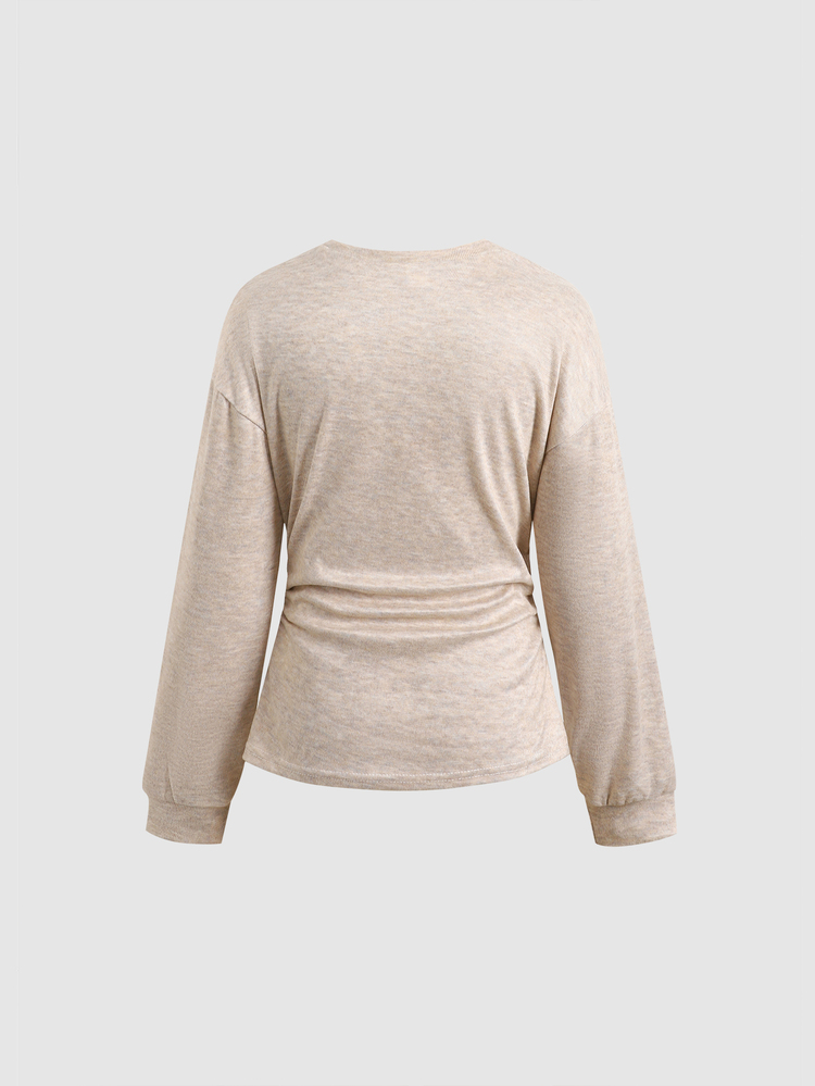 SHEIN Crew Neck Long Sleeve Sweatshirt.White Hollow Lace Patchwork Hem Design - Apricot - View 2