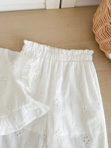 SHEIN LMoss Kids 女婴夏季可爱刺绣上衣和荷叶边裤套装 - 白色 - 查看 4
