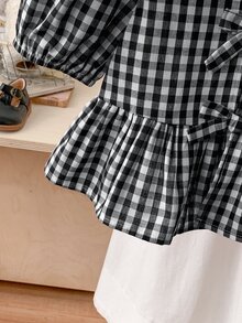 SHEIN LMoss Kids 年轻女孩春夏舒适红色格子编织蝴蝶结细节泡泡袖衬衫，适合情人节、学校日常穿着、度假和节假日、妈妈和女儿和姐妹搭配。 - 黑色 - 查看 5