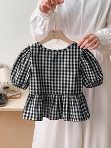 SHEIN LMoss Kids 年轻女孩春夏舒适红色格子编织蝴蝶结细节泡泡袖衬衫，适合情人节、学校日常穿着、度假和节假日、妈妈和女儿和姐妹搭配。 - 黑色 - 查看 2
