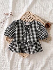 SHEIN LMoss Kids 年轻女孩春夏舒适红色格子编织蝴蝶结细节泡泡袖衬衫，适合情人节、学校日常穿着、度假和节假日、妈妈和女儿和姐妹搭配。 - 黑色 - 查看 1