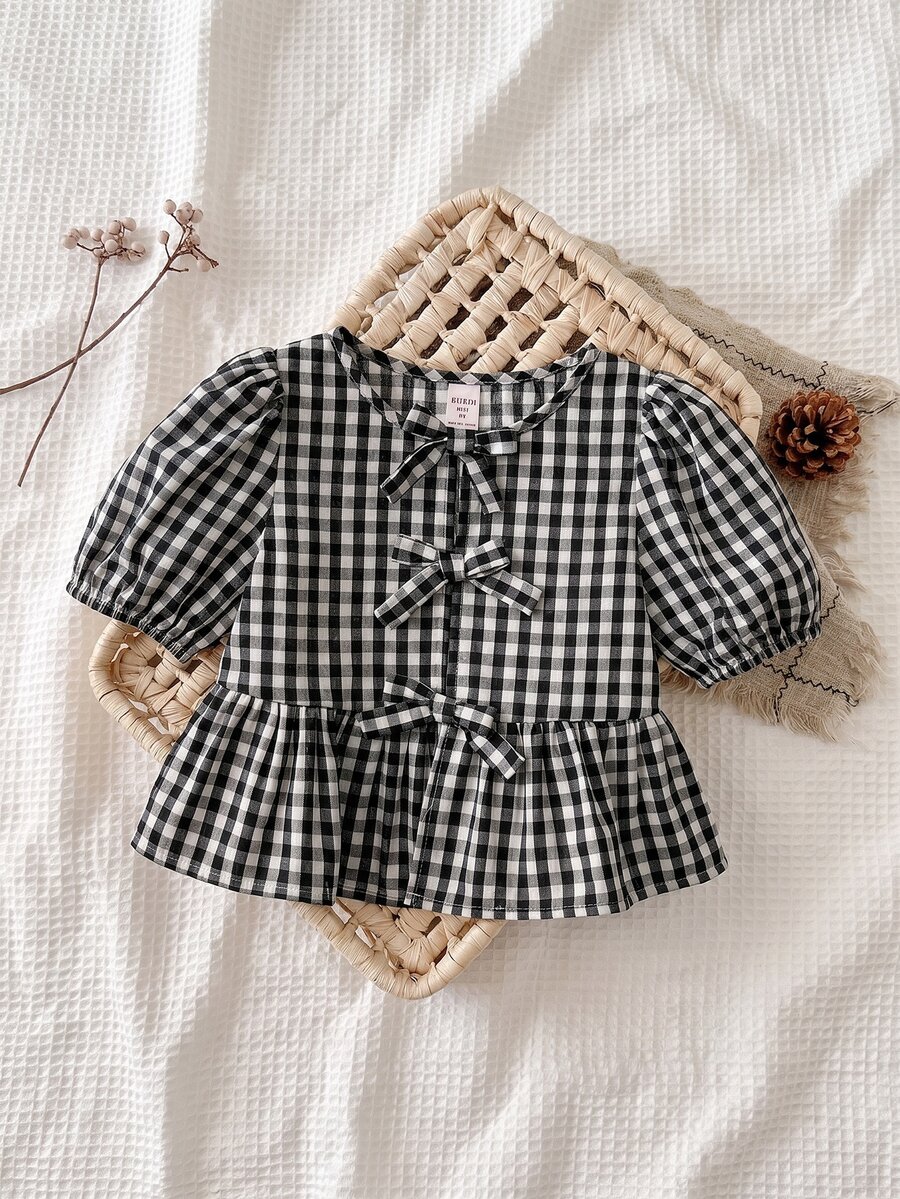 SHEIN LMoss Kids 年轻女孩春夏舒适红色格子编织蝴蝶结细节泡泡袖衬衫,适合情人节、学校日常穿着、度假和节假日、妈妈和女儿和姐妹搭配。 - 黑色 - 查看 1