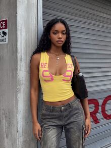 Rovax Women's Plus Size Y2K Sexy 90s Light Pink "99" Letter Print Deep V-Neck Vest Street Style Club Party Summer - Multicolor - View 1