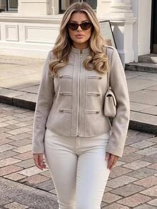 Easura Plus Size Zip Up Button Detail Crop Overcoat Fall Office Formal Grey Elegant Business Casual - Apricot - View 6