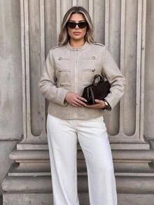 Easura Plus Size Zip Up Button Detail Crop Overcoat Fall Office Formal Grey Elegant Business Casual - Apricot - View 7