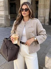 Easura Plus Size Zip Up Button Detail Crop Overcoat Fall Office Formal Grey Elegant Business Casual - Apricot - View 1