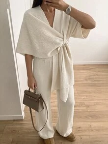 SHEIN طقم ملابس محبوك بتصميم لف مع شال وبنطال واسع الساق - بيج - مشاهدة 4
