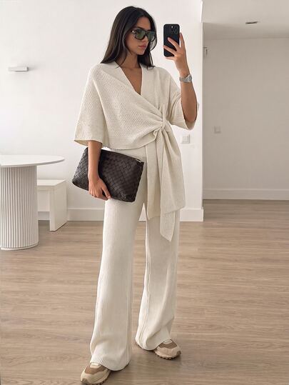 SHEIN Wrap Knit Co-Ord Set With Shawl And Wide Leg Pants
