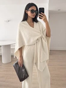 SHEIN طقم ملابس محبوك بتصميم لف مع شال وبنطال واسع الساق - بيج - مشاهدة 6