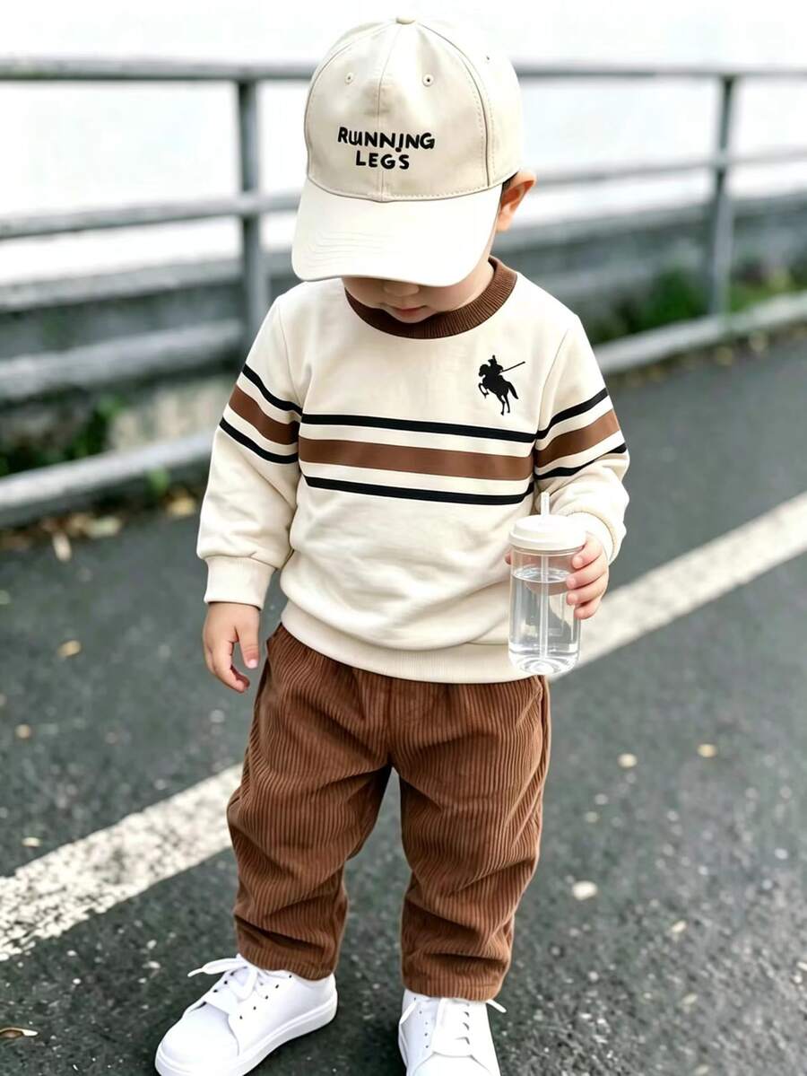 SHEIN 2pcs Baby Boy Sweatshirt Pants Preppy Beige Brown Striped Embroidery Corduroy Ribbed Long Sleeve Round Neck Regular Party Fall Sweaters Jumpers - Brown - View 1