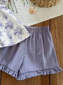 SHEIN LMoss Kids 2件套女婴花卉刺绣短袖上衣和绿色短裤套装，夏季 - 彩色 - 查看 5