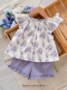 SHEIN LMoss Kids 2件套女婴花卉刺绣短袖上衣和绿色短裤套装，夏季 - 彩色 - 查看 1