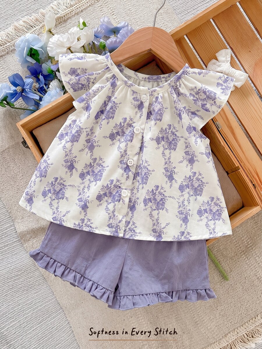 SHEIN LMoss Kids 2件套女婴花卉刺绣短袖上衣和绿色短裤套装,夏季 - 彩色 - 查看 1