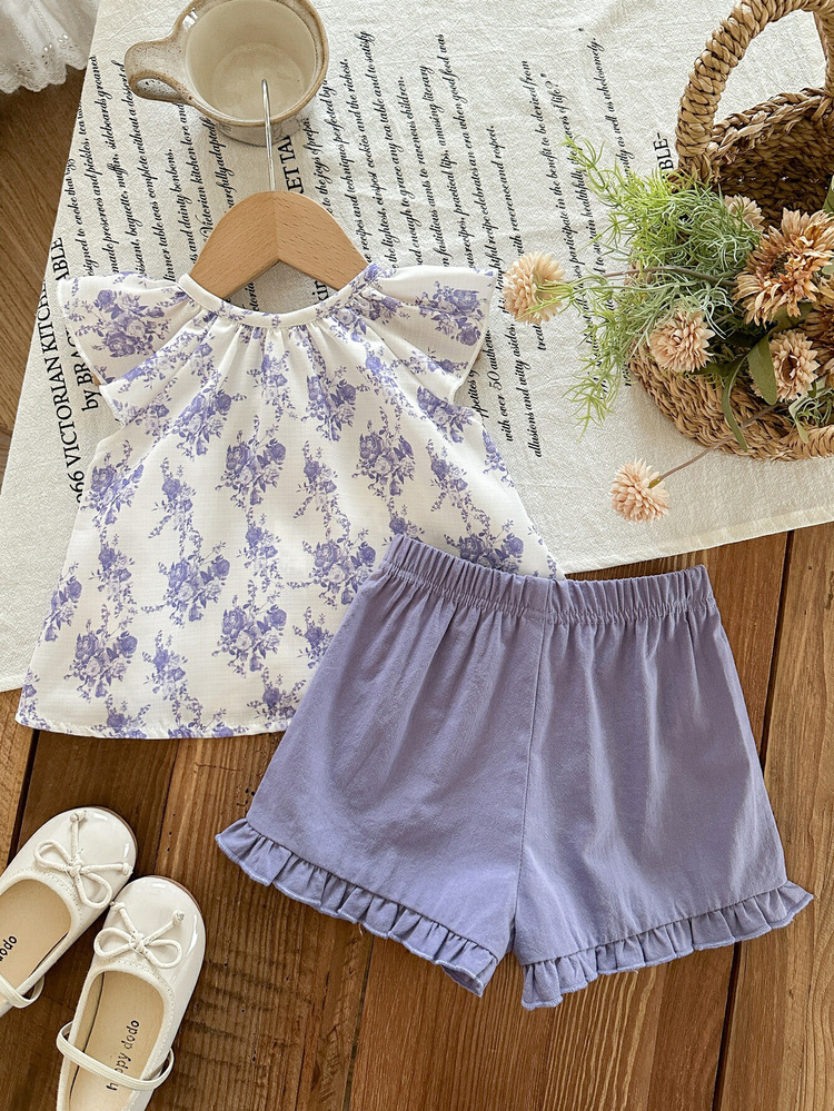 SHEIN LMoss Kids 2pcs Baby Girl Floral Embroidery Short Sleeve Top And Green Shorts Set, Summer - Multicolor - View 2
