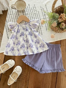 SHEIN LMoss Kids 2件套女婴花卉刺绣短袖上衣和绿色短裤套装，夏季 - 彩色 - 查看 3