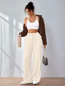 Dewbera Dewbera Women's Drawstring Waist Solid Color Casual Versatile Daily Travel Sports Long Pants - White - View 2