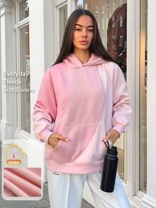 Fluxe Oversized Color Block Fleece Lined Sweatshirt Women Drop Shoulder Warm Pullover Sweatshirt Gym Workout Winter Fitness Sportswear Activewear - Pink - View 3