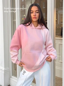 Fluxe Oversized Color Block Fleece Lined Sweatshirt Women Drop Shoulder Warm Pullover Sweatshirt Gym Workout Winter Fitness Sportswear Activewear - Pink - View 2