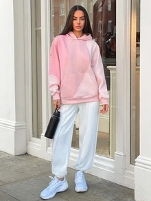 Fluxe Oversized Color Block Fleece Lined Sweatshirt Women Drop Shoulder Warm Pullover Sweatshirt Gym Workout Winter Fitness Sportswear Activewear - Pink - View 12