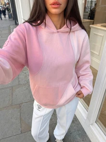 Fluxe Oversized Color Block Fleece Lined Sweatshirt Women Drop Shoulder Warm Pullover Sweatshirt Gym Workout Winter Fitness Sportswear Activewear - Pink - View 1