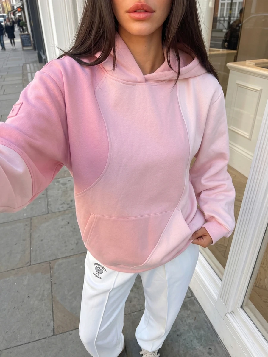 Fluxe Oversized Color Block Fleece Lined Sweatshirt Women Drop Shoulder Warm Pullover Sweatshirt Gym Workout Winter Fitness Sportswear Activewear - Pink - View 1