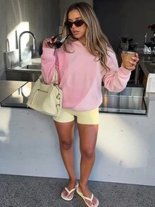 Fluxe Oversized Color Block Fleece Lined Sweatshirt Women Drop Shoulder Warm Pullover Sweatshirt Gym Workout Winter Fitness Sportswear Activewear - Pink - View 14