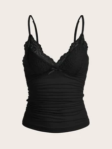 SHEIN ICON Elegant Solid Contrast Lace Ruched Y2k Cami Top - Black - View 3