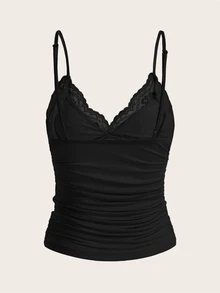 SHEIN ICON Elegant Solid Contrast Lace Ruched Y2k Cami Top - Black - View 2