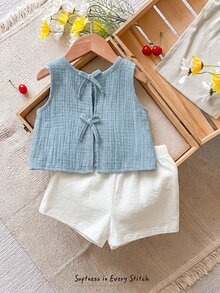 SHEIN LMoss Kids Baby Girls Cute Casual Versatile Blue Bowknot Racerback Tank Top, Summer - Blue - View 1