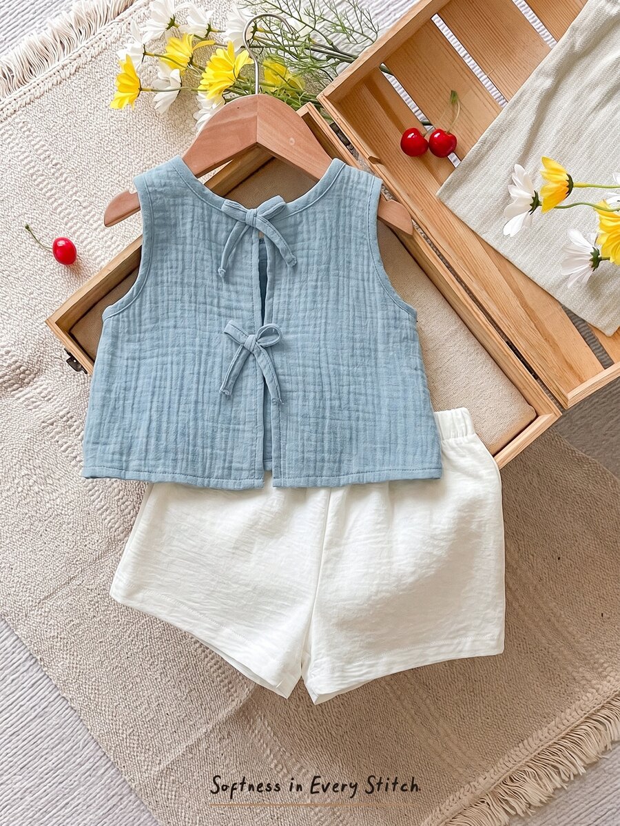 SHEIN LMoss Kids Baby Girls Cute Casual Versatile Blue Bowknot Racerback Tank Top, Summer - Blue - View 1
