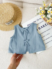 SHEIN LMoss Kids Baby Girls Cute Casual Versatile Blue Bowknot Racerback Tank Top, Summer - Blue - View 3